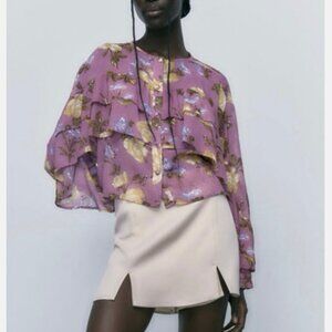 NWT Zara Floral Ruffle Sheer Blouse Purple Yellow Print Long Sleeve Size S